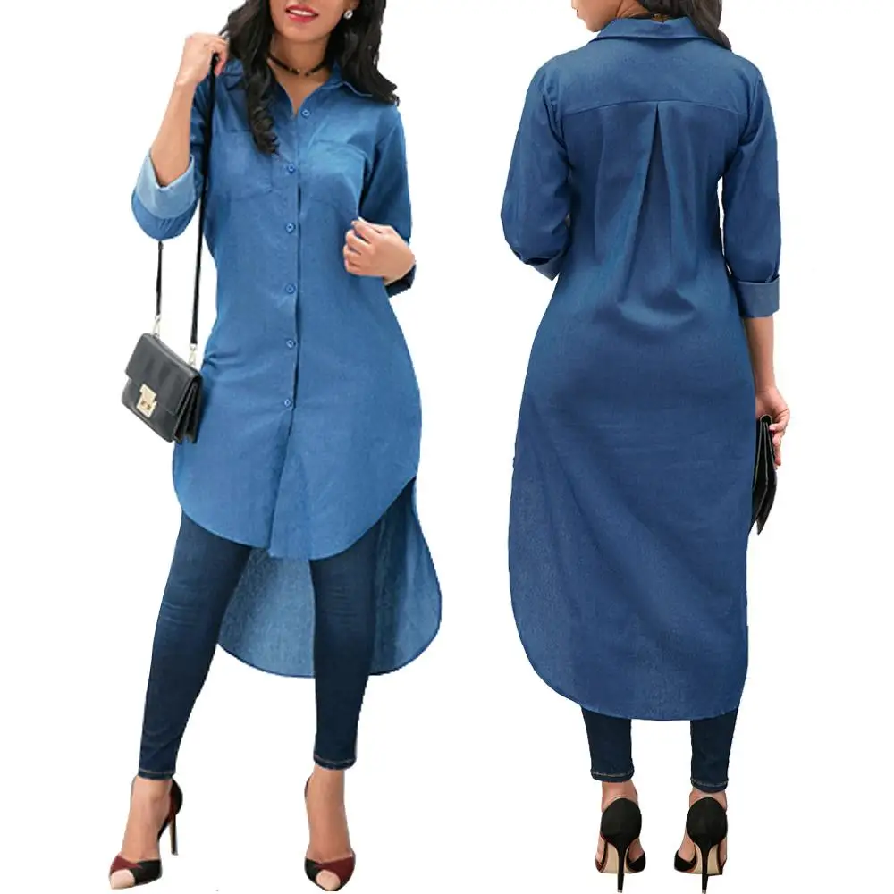 Women's Blue Jeans Shirt Mini Dress Denim Pockets Long Sleeve T-shirt Loose Single-breasted Turn-down Collar Casual Slim Dresses | Женская