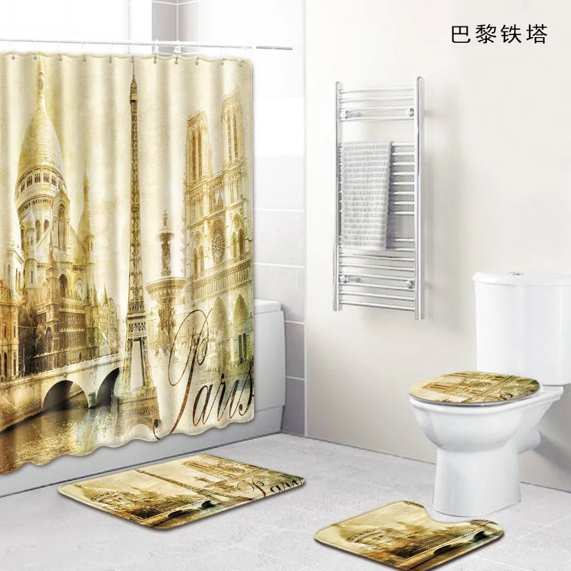 Tower Shower Curtains Bathroom Curtain 4pcs Bath Mat Set Anti Slip Toilet Rugs Toilet Seat Cover 3D Carpet for Home Decor
Tower Shower Curtains Bathroom Curtain 4pcs Bath Mat Set Anti Slip Toilet Rugs Toilet Seat Cover 3D Carpet for Home Decor