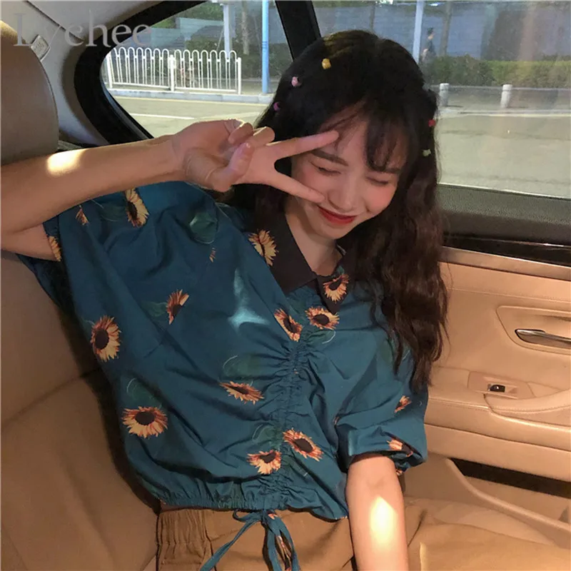 Lychee Harajuku Sunflower Print Female Blouse Lace-up Drawstring Pleated Ruffles Turn-down Collar Short Sleeve Women Shirts
Lychee Harajuku Sunflower Print Female Blouse Lace-up Drawstring Pleated Ruffles Turn-down Collar Short Sleeve Women Shirts
