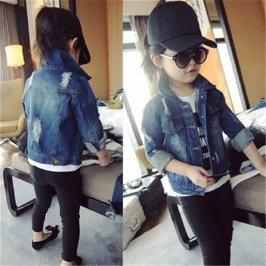 Girls Jackets Fashion Ripped Denim Coat 2019 Spring Autumn Korean Children Lapel Toddler Girl Outwear 2 3 4 5 6 7 Years | Детская одежда