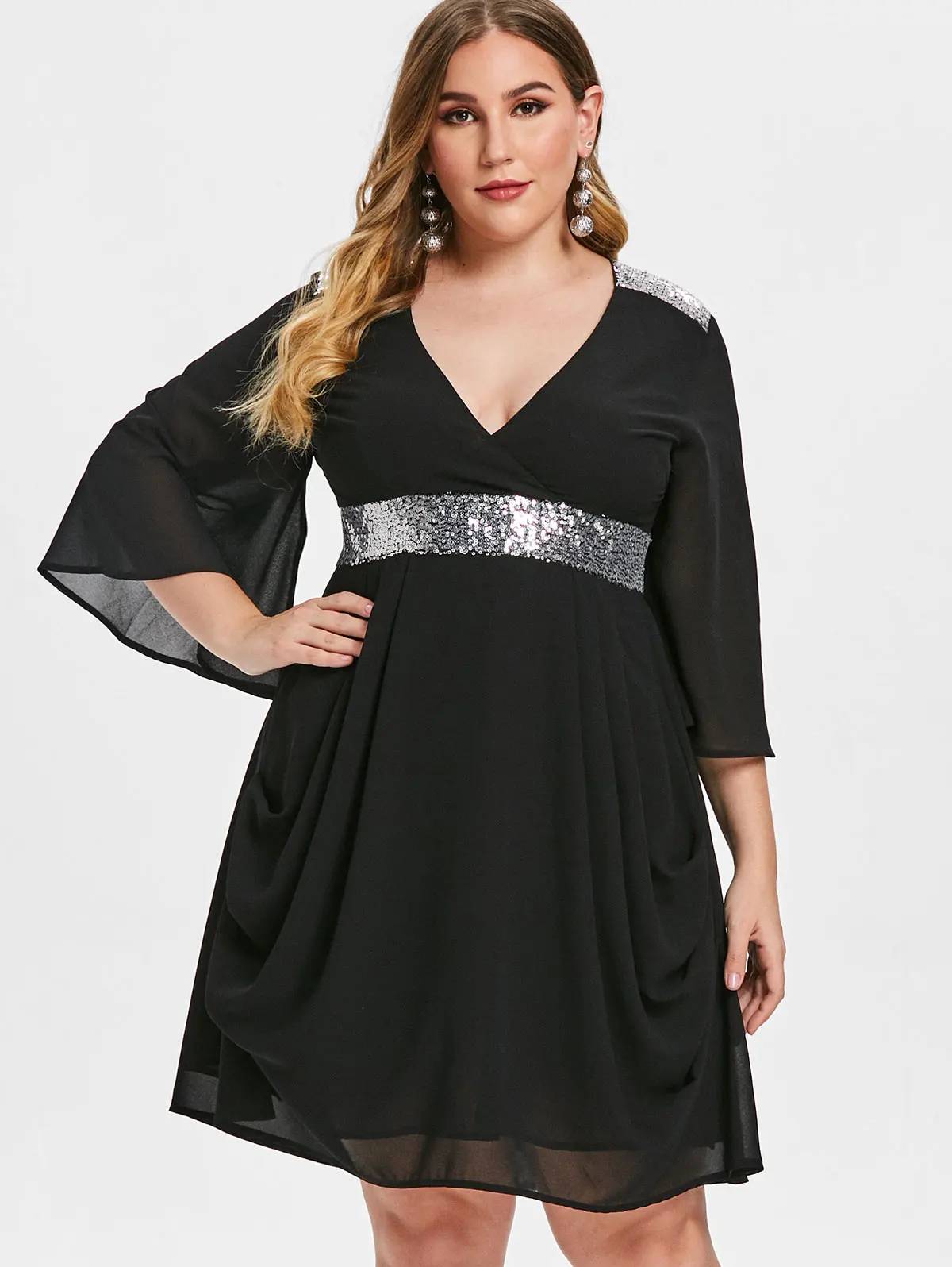 

Wipalo Women Plus Size Sequined Waist Flare Sleeve Chiffon Dress Plunging Neck Casual Solid Elegant Party Dress Casual Vestidos