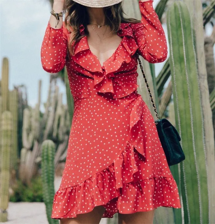 2019 New Women V-neck Ruffled Polka Dot Dresses Summer Sexy Long Sleeve A-line Mini Dress Female Empire Dress
2019 New Women V-neck Ruffled Polka Dot Dresses Summer Sexy Long Sleeve A-line Mini Dress Female Empire Dress