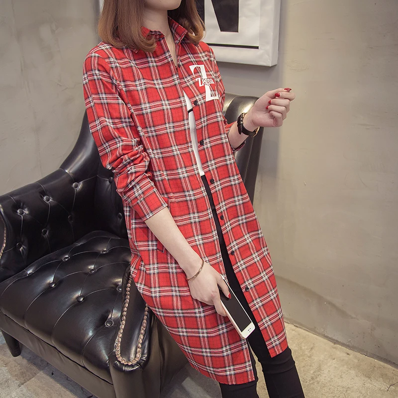 INS 2018 New Spring Large Size 5XL Plaid Shirt Women Clothing Printing Letter Long Sleeved Coats Loose Fashion Blouse |