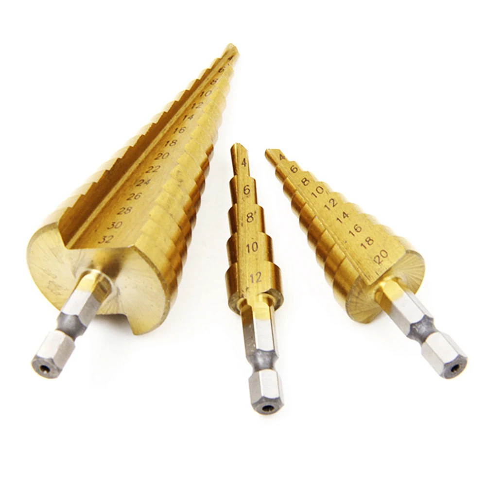 4-12/20/32mm HSS Step Drill Bit Step Cone Hole Cut Power Tools Metal Drilling Bit Set Titanium Coated Cutter Wood Woodworking
4-12/20/32mm HSS Step Drill Bit Step Cone Hole Cut Power Tools Metal Drilling Bit Set Titanium Coated Cutter Wood Woodworking