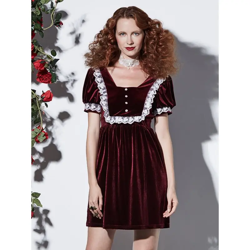 Women Gothic Velvet Dress Vintage Lace Sweet Peppy Style A Line Summer 2019 Elegant Party Lolita Princess Retro Short Dresses | Женская
