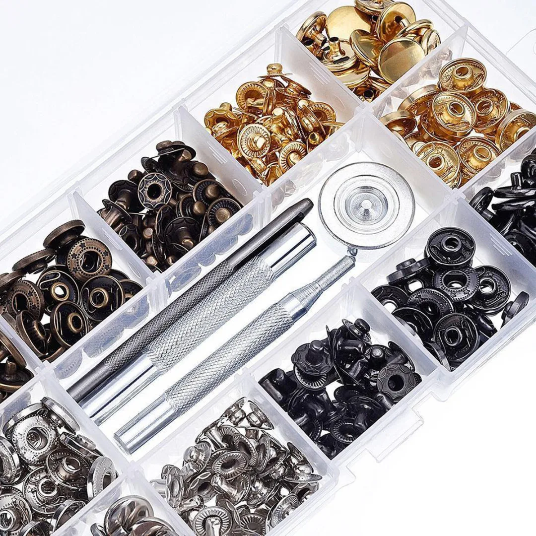 40 Set Metal Snap Fastener Press Stud Buttons Leather Craft With Fixing Tools Kit Storage Box For DIY Supplies
40 Set Metal Snap Fastener Press Stud Buttons Leather Craft With Fixing Tools Kit Storage Box For DIY Supplies