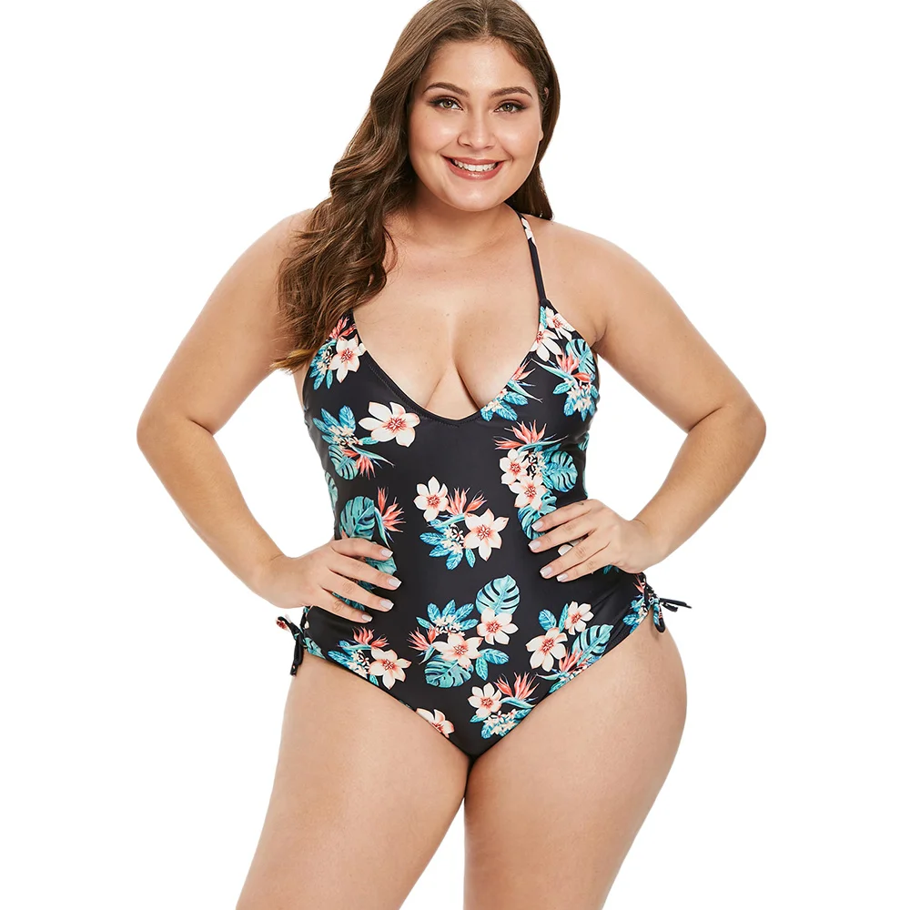 

Rosegal Plus Size Women Swimwear Lace Up Floral Print One Piece Swimsuit Back Criss Cross Padded 2019 Summer Beachwear Monokini