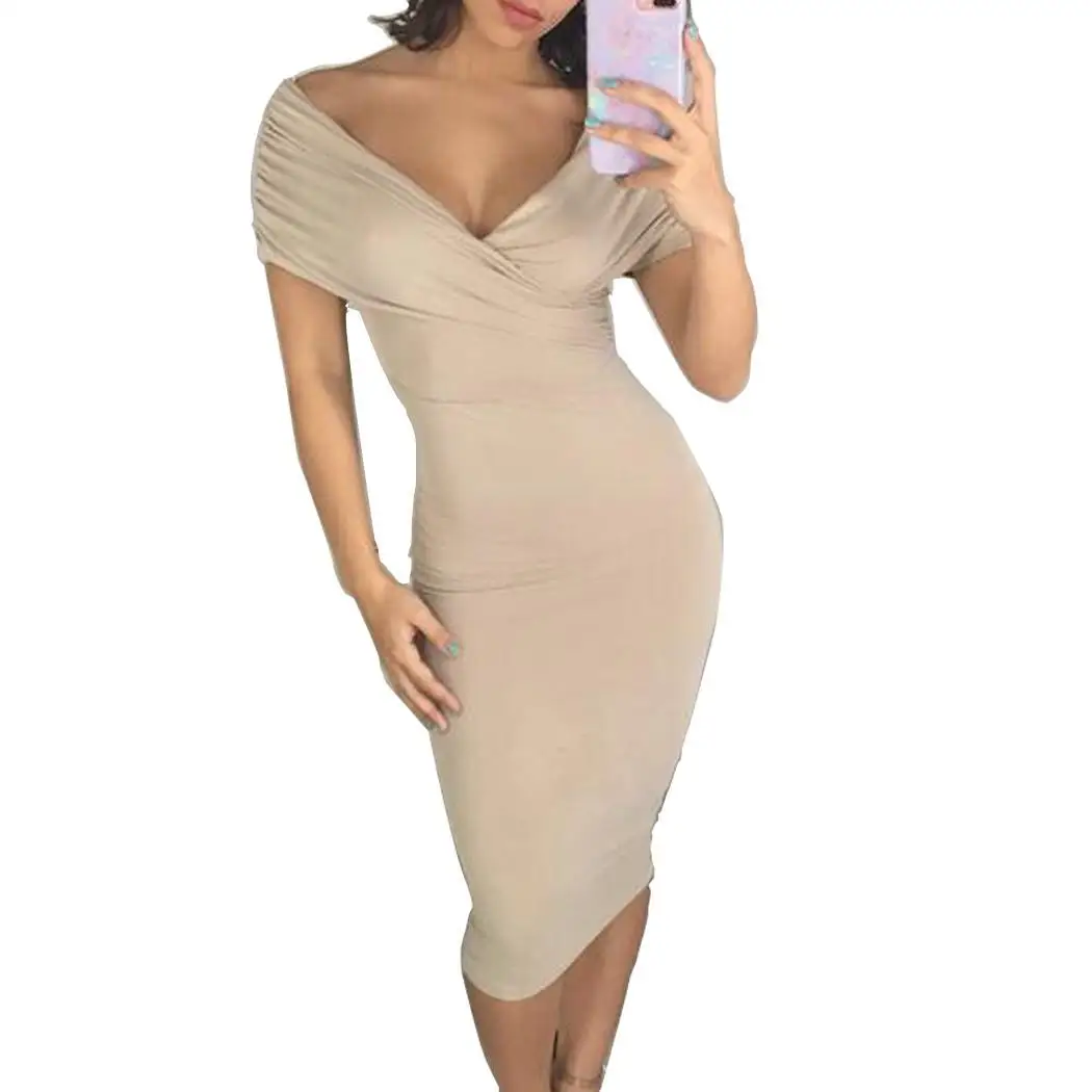 Women Fashion V Neck Short Sleeve Casual Solid Knee Length Slim Dress Fold Beige, Navy Blue Summer
Women Fashion V Neck Short Sleeve Casual Solid Knee Length Slim Dress Fold Beige, Navy Blue Summer