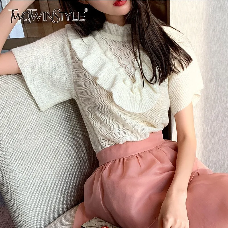 TWOTWINSTYLE Ruffles Hollow Out Women T-shirt Stand Neck Perspective Short Sleeve White Casual Female Tops Summer 2019 Fashion
TWOTWINSTYLE Ruffles Hollow Out Women T-shirt Stand Neck Perspective Short Sleeve White Casual Female Tops Summer 2019 Fashion