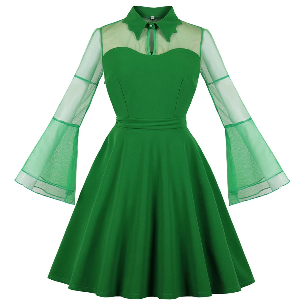 Joineles Mesh Lace Green Color See Through Retro Dress Long Flare Sleeves Vintage Women Dress Plus Size 60s Rockabilly Vestidos
Joineles Mesh Lace Green Color See Through Retro Dress Long Flare Sleeves Vintage Women Dress Plus Size 60s Rockabilly Vestidos