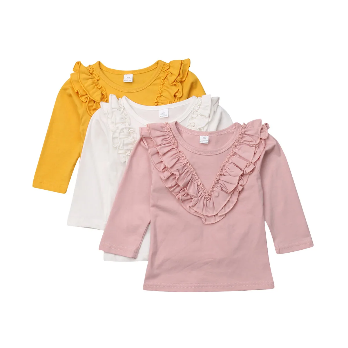 

Venta caliente volantes de algodón de las muchachas del bebé Camiseta de manga larga 0-5 año otoño ropa de los niños Tops blusa