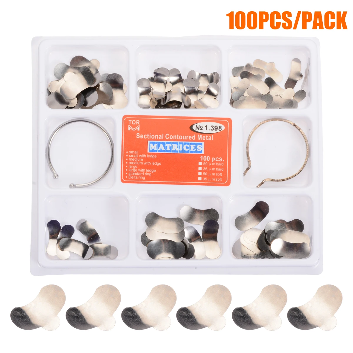 100pcs Dental Matrix Sectional Contoured Metal Matrices Full Kit with 2pcs Ring for Teeth Replacement
100pcs Dental Matrix Sectional Contoured Metal Matrices Full Kit with 2pcs Ring for Teeth Replacement