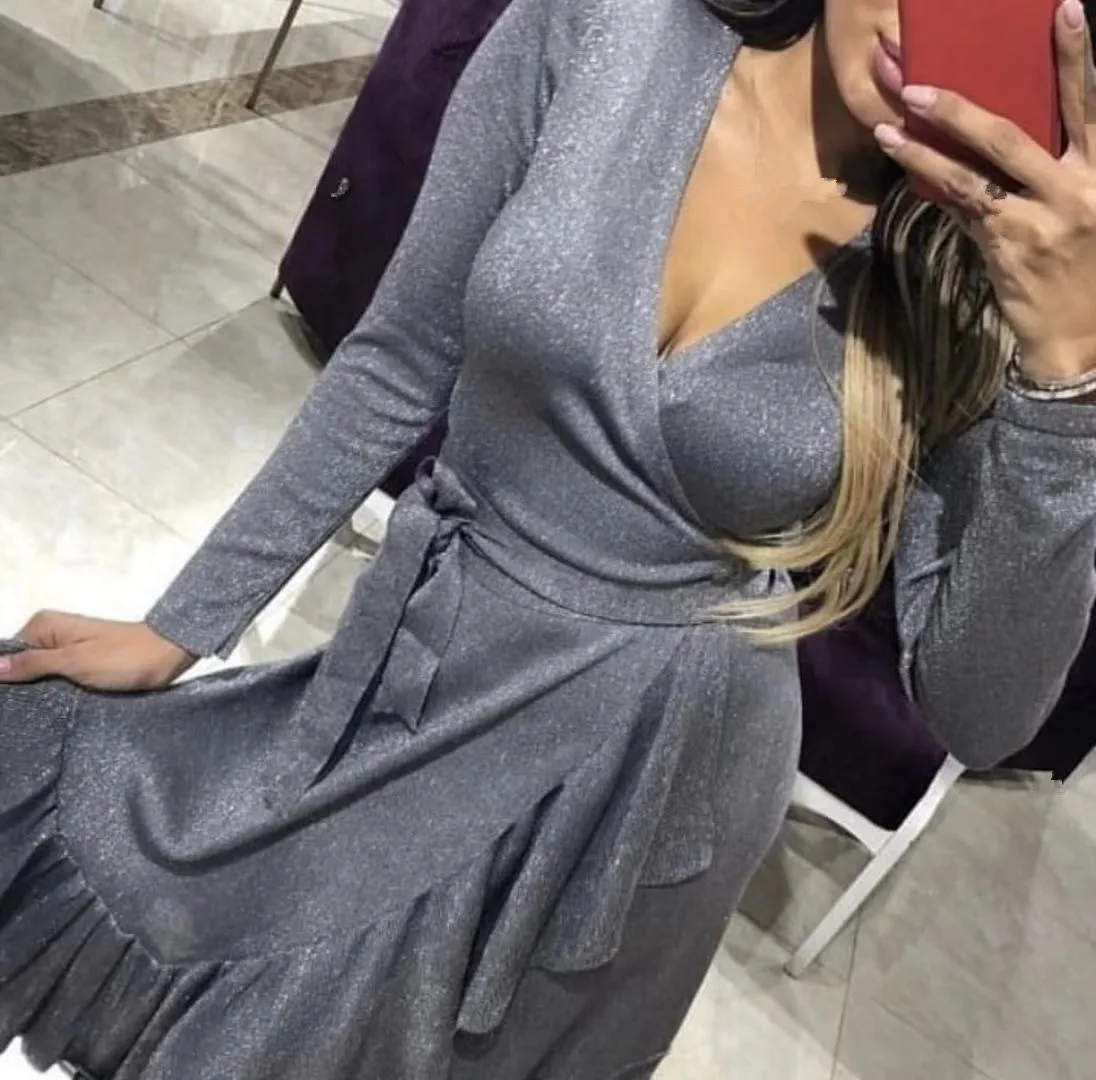 Spring Elegant Bright Silk Ruffle Wrap Dress Women Split Long Sleeve Lace up Casual Dress Streetwear Solid Irregular Midi Dress
Spring Elegant Bright Silk Ruffle Wrap Dress Women Split Long Sleeve Lace up Casual Dress Streetwear Solid Irregular Midi Dress