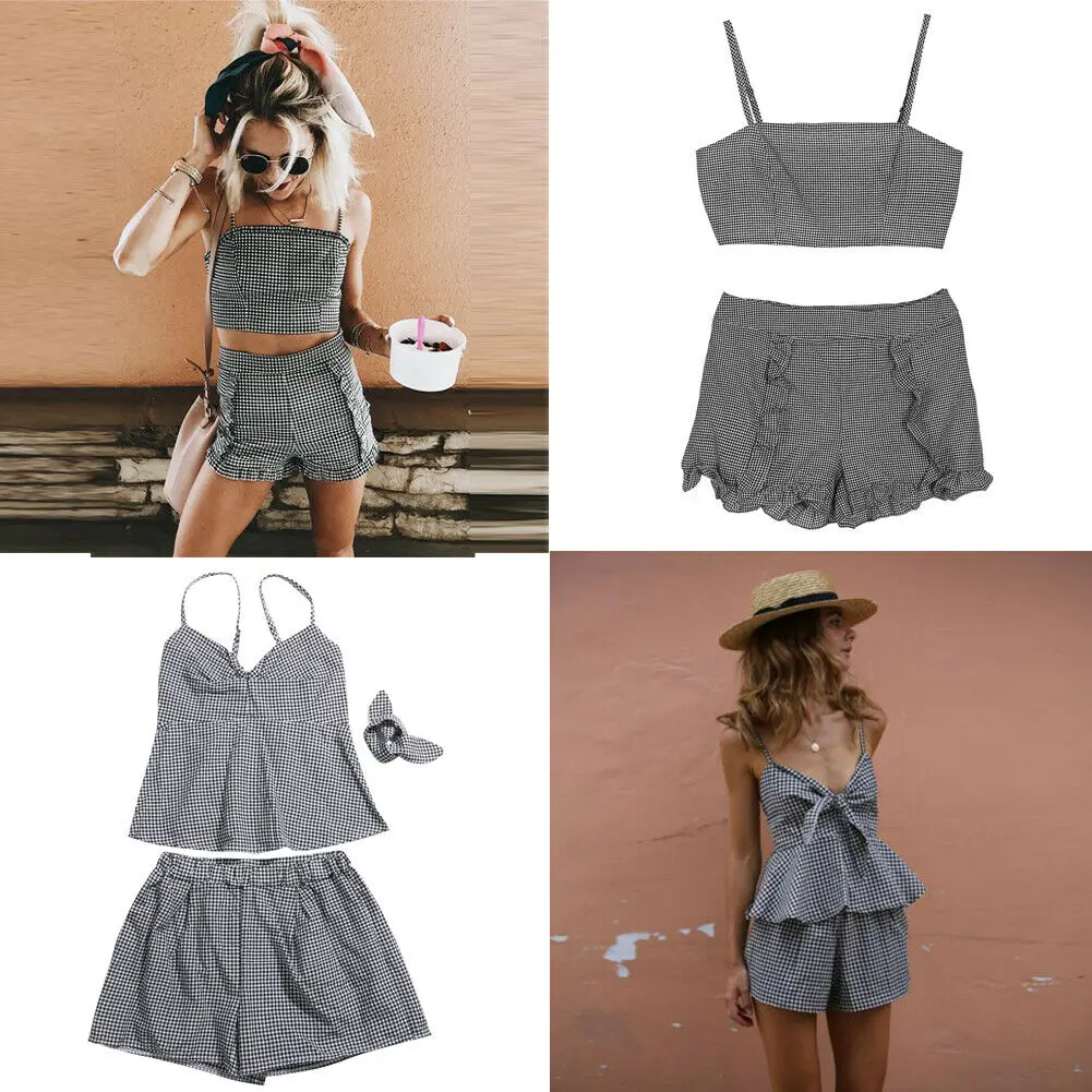 New Fashion Women 2 Piece Outfits Sleeveless Holiday Crop Top + Pants Casual Plaid Outfit
New Fashion Women 2 Piece Outfits Sleeveless Holiday Crop Top + Pants Casual Plaid Outfit