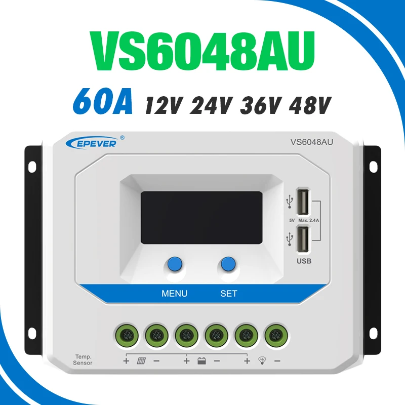 EPEVER 60A Solar Controller 12V 24V 36V 48V Auto VS6048AU PWM Charge Controller with Built in LCD Display and Double USB 5V Port
EPEVER 60A Solar Controller 12V 24V 36V 48V Auto VS6048AU PWM Charge Controller with Built in LCD Display and Double USB 5V Port