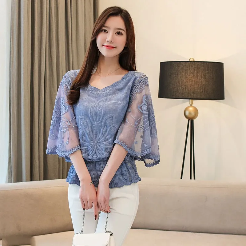 2019 Summer Women Half Sleeve Lace Blouse O-Neck Full Cotton Vintage Shirt Butterfly Flower Office Lady Top
2019 Summer Women Half Sleeve Lace Blouse O-Neck Full Cotton Vintage Shirt Butterfly Flower Office Lady Top