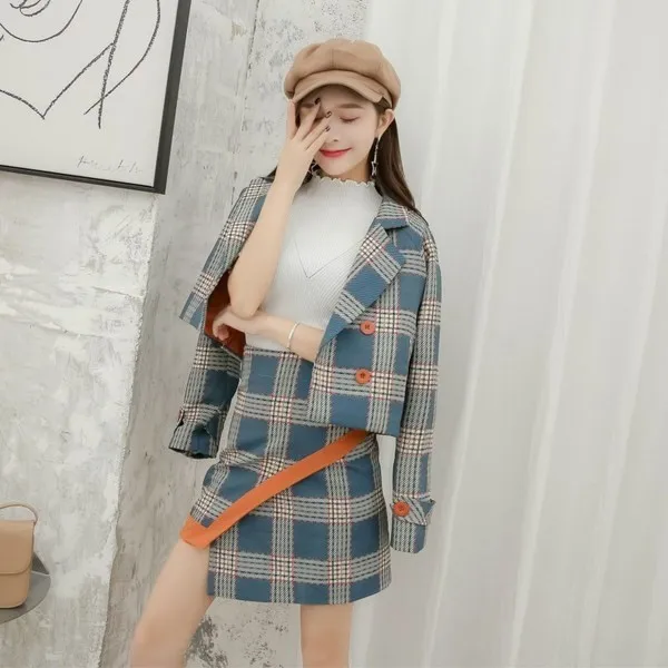 2018 Autumn winter Formal skirts Suits Women Two Piece Set Double-breasted plaid short jacket Coat+High waist Irregular skirts
2018 Autumn winter Formal skirts Suits Women Two Piece Set Double-breasted plaid short jacket Coat+High waist Irregular skirts