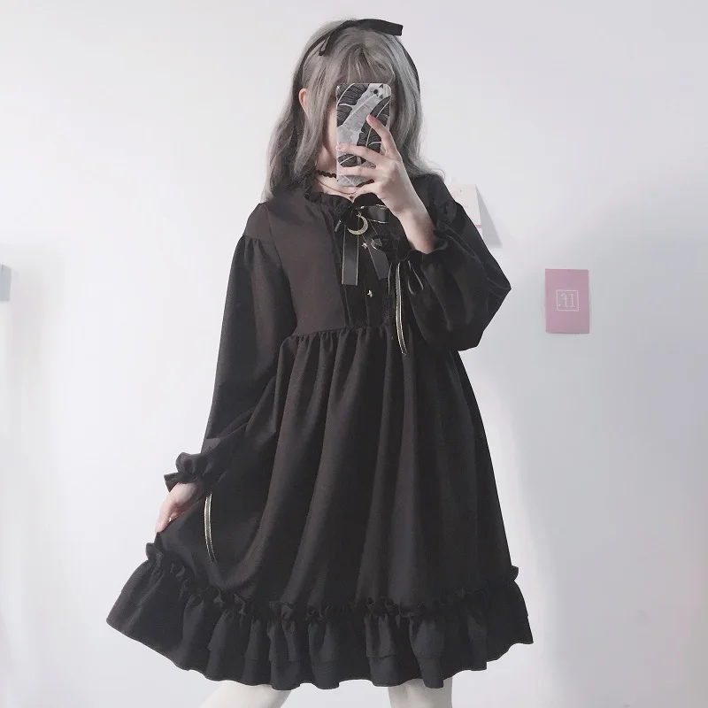 Japan Style Mori Girl Black Chiffon Dress 2019 New Women Lantern Sleeve Loose Dresses Ruffles Solid Color Vintage Vestidos 
Japan Style Mori Girl Black Chiffon Dress 2019 New Women Lantern Sleeve Loose Dresses Ruffles Solid Color Vintage Vestidos