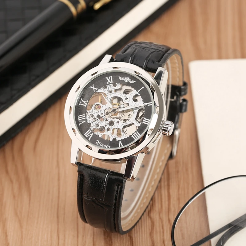 

WINNER Top Brand Mechanical Watch Luxury Skeleton Hand Winding Men's Watches Clock Male Analog Black Leather Relogio Masculino
