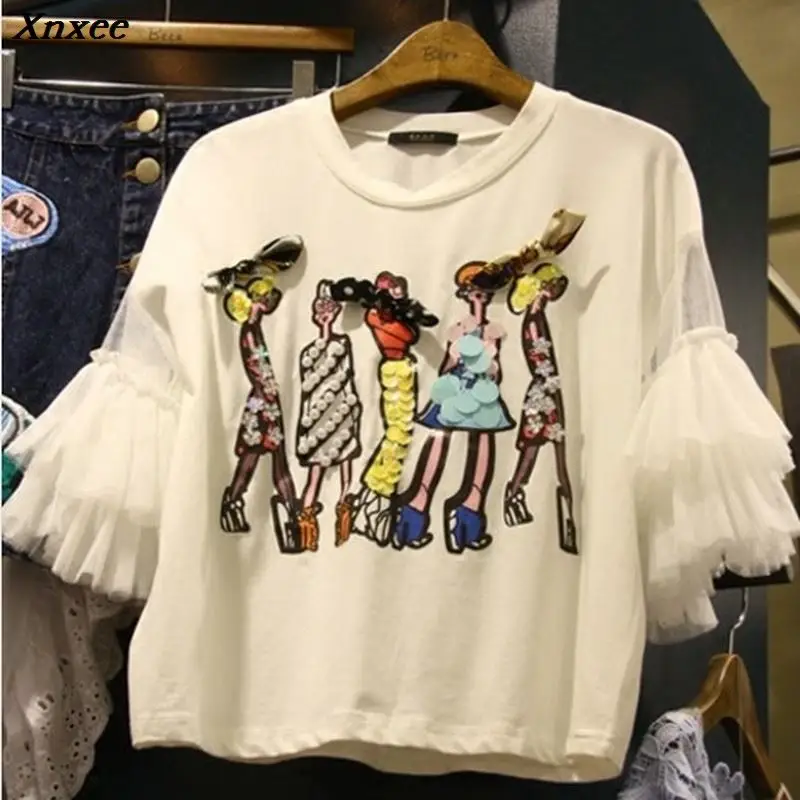 Korean Sequined Cartoons Patchwork Mesh Women's T-shirts 2019 New Beadings Bows Ladies Pullovers Short Sleeve Loose Female Tees
Korean Sequined Cartoons Patchwork Mesh Women's T-shirts 2019 New Beadings Bows Ladies Pullovers Short Sleeve Loose Female Tees