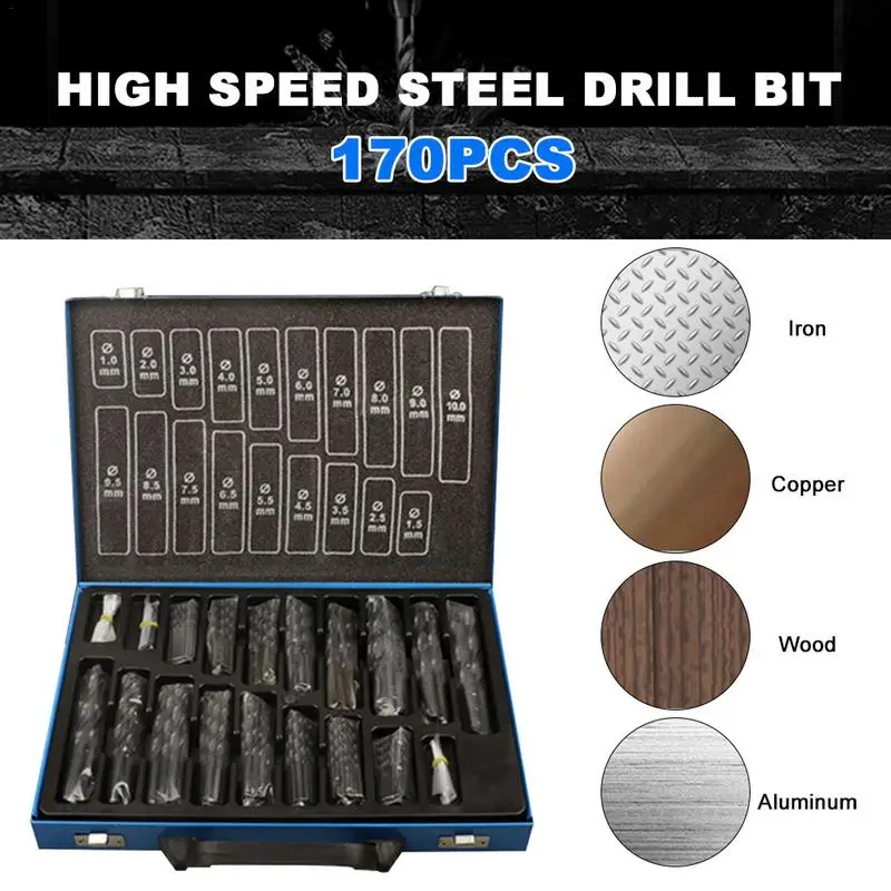 170PCS/Set High Speed Steel Electric Drill Bit Round Handle Twist Drill For Iron Plate Aluminum Copper Wood Plastic Etc
170PCS/Set High Speed Steel Electric Drill Bit Round Handle Twist Drill For Iron Plate Aluminum Copper Wood Plastic Etc