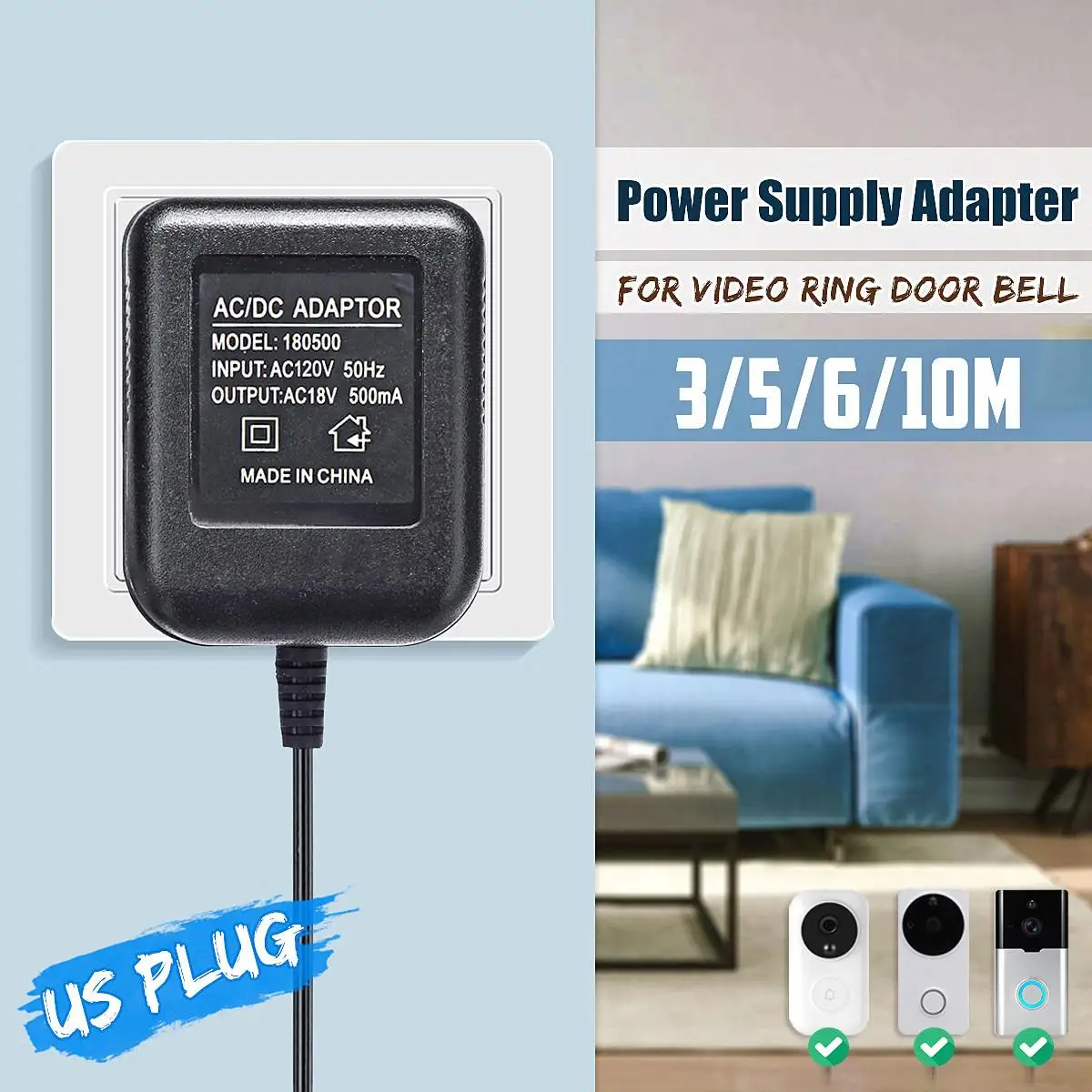 Newest US Plug 18V AC 120V Transformer 3/5/6/10m Wifi Doorbell Camera Power Adapter For IP Video Intercom Ring Wireless Doorbell 
Newest US Plug 18V AC 120V Transformer 3/5/6/10m Wifi Doorbell Camera Power Adapter For IP Video Intercom Ring Wireless Doorbell