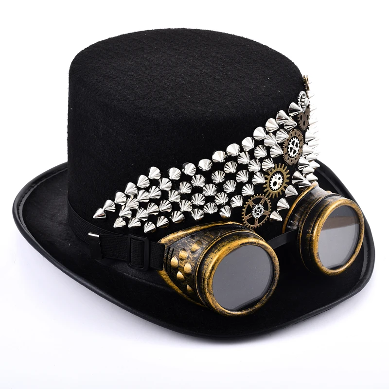 Steampunk Men Rivets Fedora Woman Steam Punk Hat Gears Spikes Goggles Top Hat Gothic Party Hats with Glasses Cos Accessories
Steampunk Men Rivets Fedora Woman Steam Punk Hat Gears Spikes Goggles Top Hat Gothic Party Hats with Glasses Cos Accessories