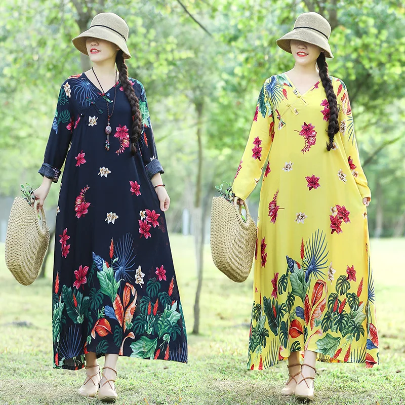 Ethnic Vintage Women Cotton Linen Floral Print V-neck Robe Maxi Dress Vestidos De Festa Loose Femme Large Plus Size Dresses
Ethnic Vintage Women Cotton Linen Floral Print V-neck Robe Maxi Dress Vestidos De Festa Loose Femme Large Plus Size Dresses