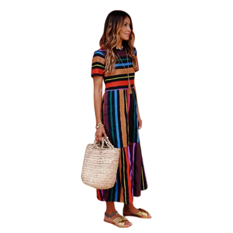 New Women Fashion Rainbow Striped Dress Ladies Short Sleeve Casual Loose Hem Patchwork Dress Summer Bohemian Beach
New Women Fashion Rainbow Striped Dress Ladies Short Sleeve Casual Loose Hem Patchwork Dress Summer Bohemian Beach