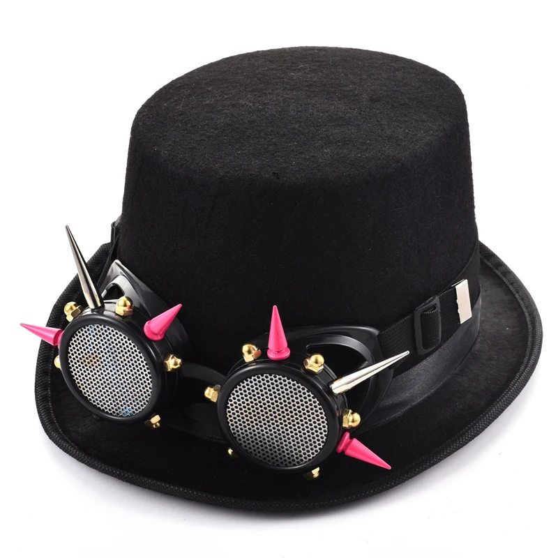 

Steam Punk Black Fedora Victorian Top Hat With Pink Silver Rivets Goggles Women Men Steampunk Glasses Hat Party Accessories Goth