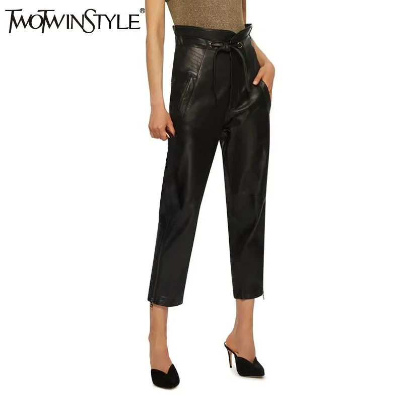 TWOTWINSTYLE PU Leather Trousers For Women Ruffle High Waist Bandage Ankle Length Pants Female 2019 Spring Korean Fashion New
TWOTWINSTYLE PU Leather Trousers For Women Ruffle High Waist Bandage Ankle Length Pants Female 2019 Spring Korean Fashion New
