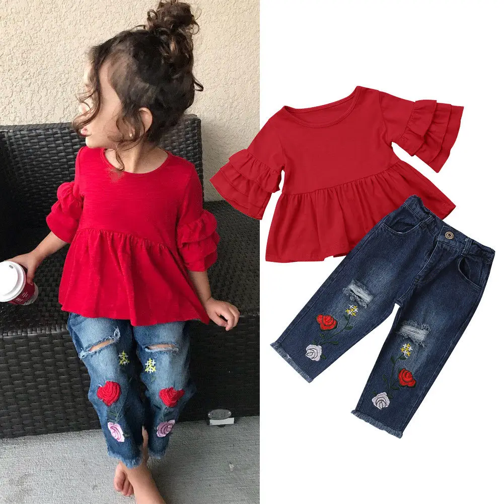 2019 Summer Hot Sale Toddler Baby Girl Clothes Flare Half Sleeve T-shirt Tops+Floral Rose Denim Long Hole Pants 1-6T
2019 Summer Hot Sale Toddler Baby Girl Clothes Flare Half Sleeve T-shirt Tops+Floral Rose Denim Long Hole Pants 1-6T