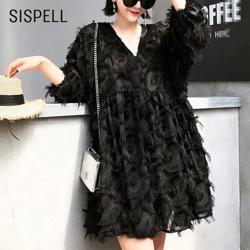 SISPELL Feathers Dress Women 2018 V Neck Three Quarter Batwing Sleeve Summer Dresses Loose Pullover Korean Top Fashion Clothing | Женская