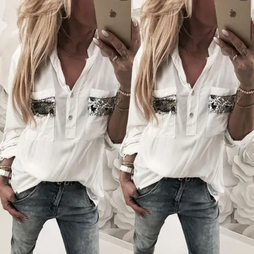 Women Lady Long Sleeve Shirt Ladies Paillette Blouse Summer Fashion Loose Casual Tops Pure White
Women Lady Long Sleeve Shirt Ladies Paillette Blouse Summer Fashion Loose Casual Tops Pure White