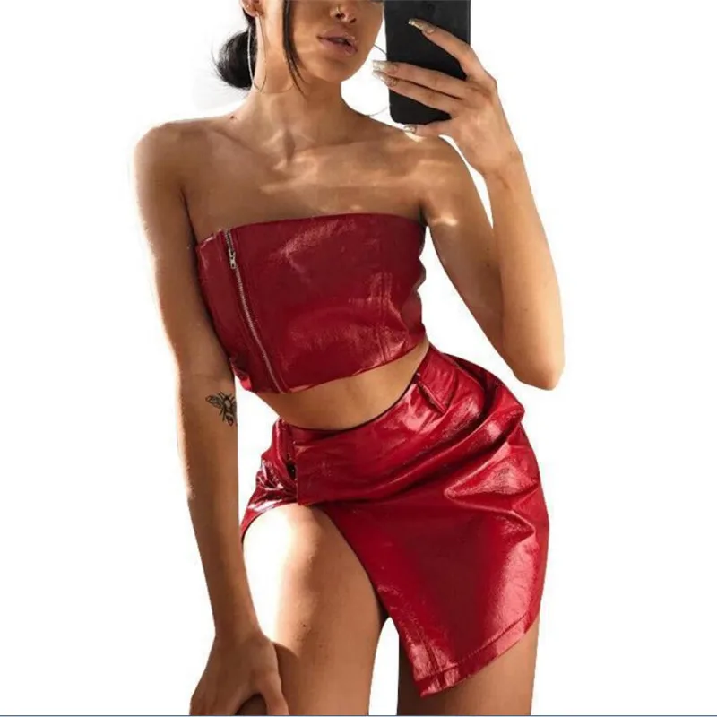 Fashion Women Red Leather Bodycon Set Two Piece Short Top and Skirt Set Sexy Strapless Lace Up Party Femmes Clothes Set Clubwear
Fashion Women Red Leather Bodycon Set Two Piece Short Top and Skirt Set Sexy Strapless Lace Up Party Femmes Clothes Set Clubwear