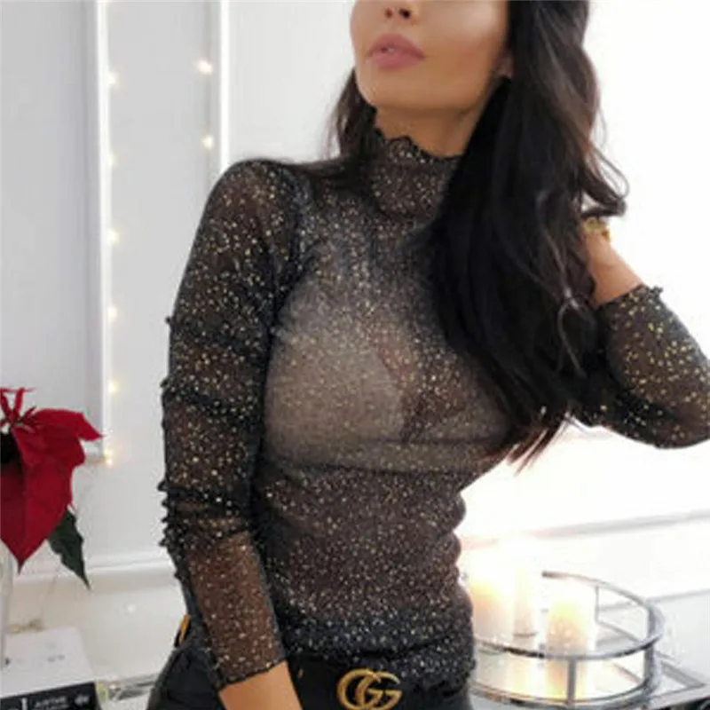 2019 Sexy Women See-Through Tops Lady Paillette Dot Slim Long Sleeve Shirts Black Turtle Neck Mesh Blouse Women Clothing
2019 Sexy Women See-Through Tops Lady Paillette Dot Slim Long Sleeve Shirts Black Turtle Neck Mesh Blouse Women Clothing