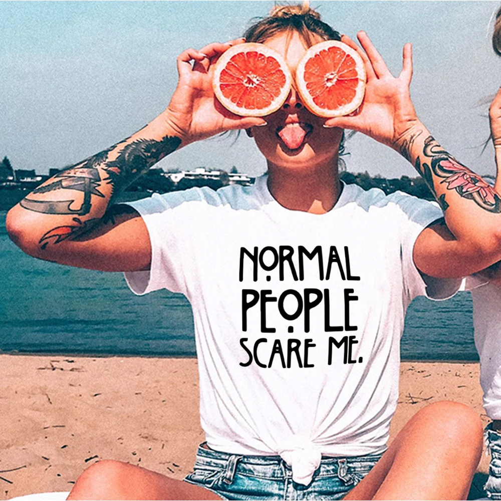 Women Casual White T-shirt Normal People Scare Me Printed Funny Tshirt Women Short Sleeve Summer Tumblr Tops Camisetas Mujer
Women Casual White T-shirt Normal People Scare Me Printed Funny Tshirt Women Short Sleeve Summer Tumblr Tops Camisetas Mujer