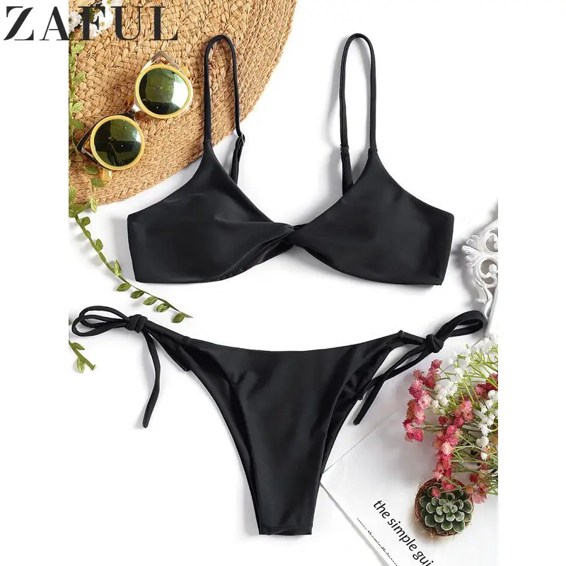 

ZAFUL Sexy Swimwear Spaghetti Straps Twist Front String Bikini Set Bathing Suits Wire Free Padded Swimsuit Beach Suits for Women