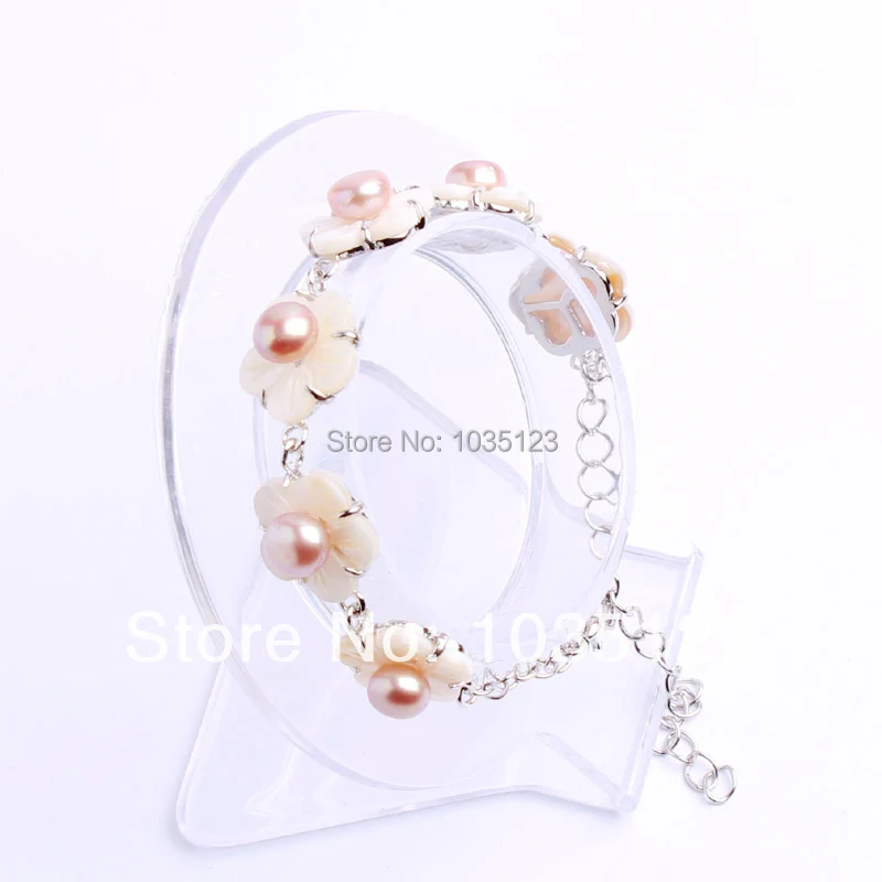 

Free shipping Gift Pretty 7mm Light Purple Freshwater Pearl 15mm White Shell Alloy Frame Bracelet 8.5" Adjustable Size w481