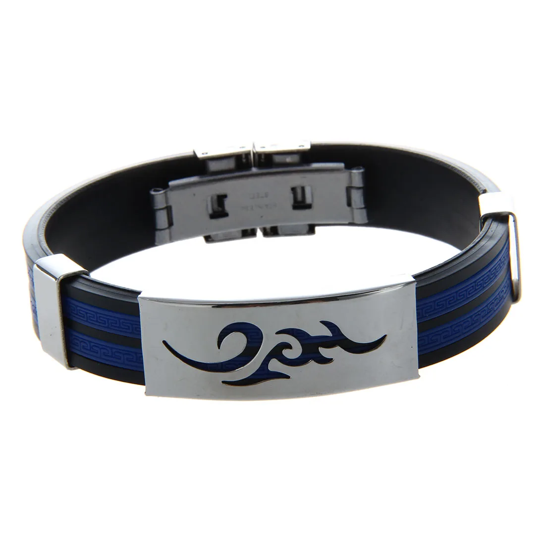 

Stainless Steel Flames Black Blue Silicone Bangle Cuff Bracelet Wristband Men