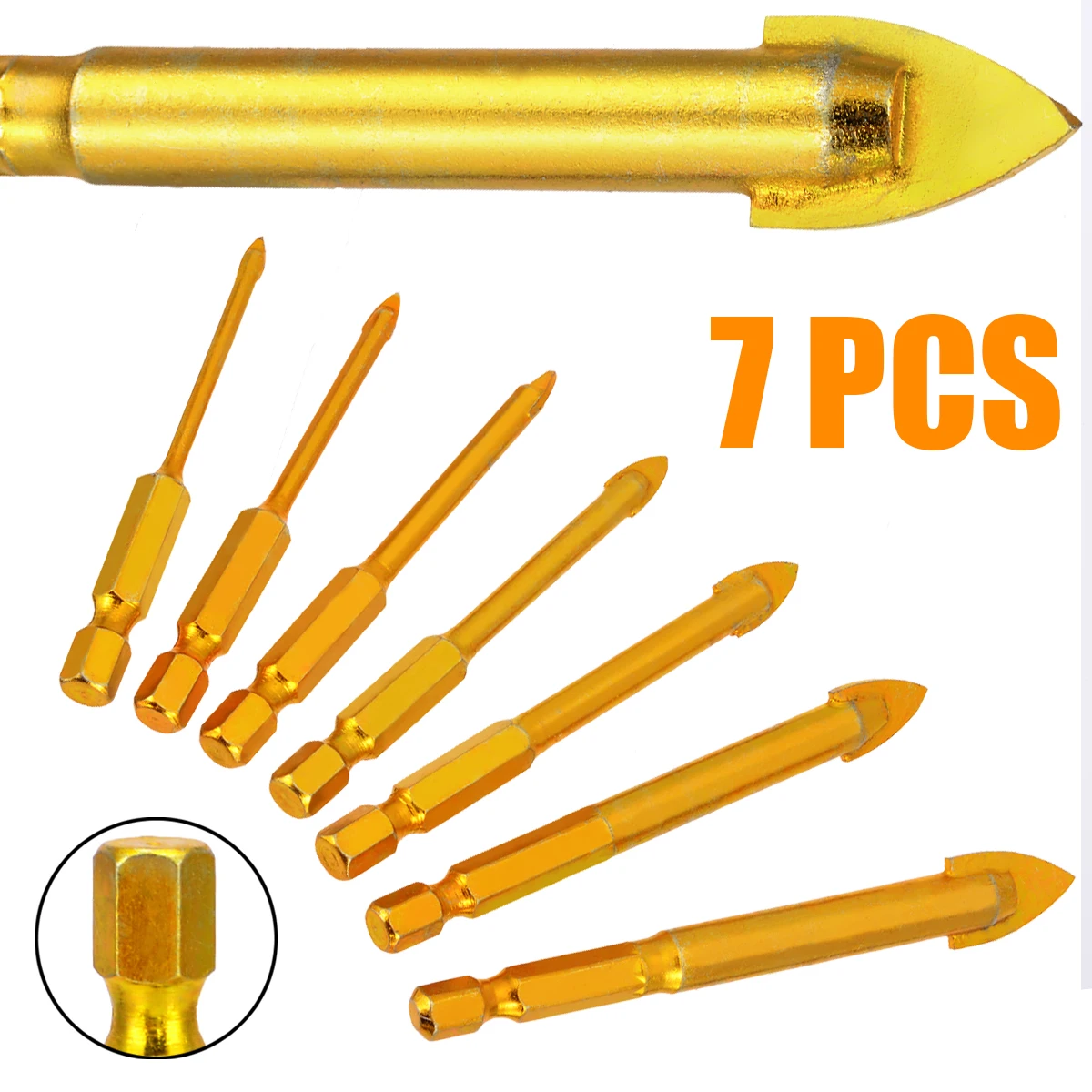 7pcs/set Gold 1/4" Hex Shank Porcelain Ceramic Tile Tungsten Carbide Glass Drill Bits Set 3/4/6/8/10/12mm | Инструменты