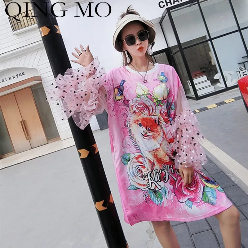 QING MO 2019 Summer Women Cartoon Printing T-shirt Dress Split Yarn Pink Sweet Long Sleeve Loose Personality Women Dress QF432
QING MO 2019 Summer Women Cartoon Printing T-shirt Dress Split Yarn Pink Sweet Long Sleeve Loose Personality Women Dress QF432