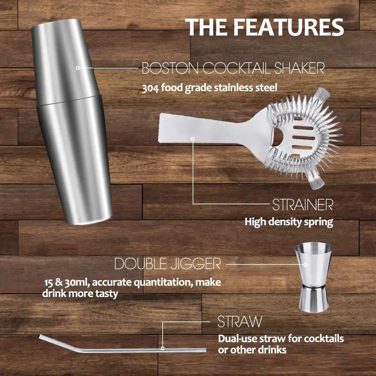 stainless steel cocktail maker set shaker glass spoon strainer