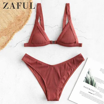 

ZAFUL Bikini 2019 Textured Ribbed Front Closure Bikini Set Straps Solid Sexy Push Up Swimwear Women Swim Suit Padded Biquini