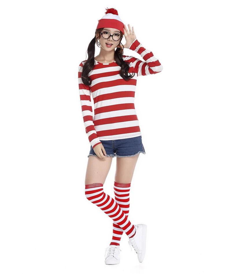 Women Girls Where's Waldo Costume Where is Wally Long Sleeve Shirt with Glasses and Stockings
Women Girls Where's Waldo Costume Where is Wally Long Sleeve Shirt with Glasses and Stockings