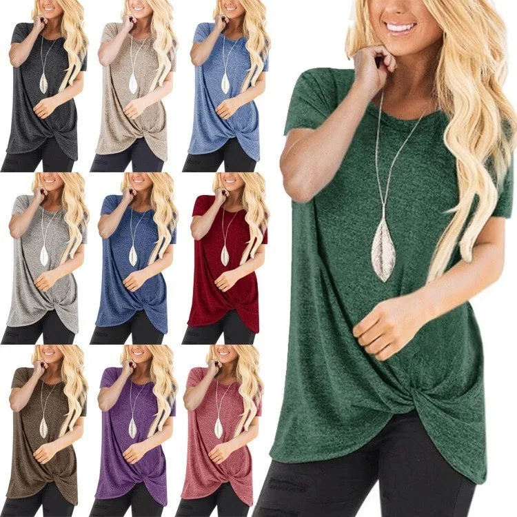 2019 new fashion women's solid Solid Color Round Neck Tie Top Short Sleeve T-Shirt loose casual women shirts T-shirt-x002
2019 new fashion women's solid Solid Color Round Neck Tie Top Short Sleeve T-Shirt loose casual women shirts T-shirt-x002