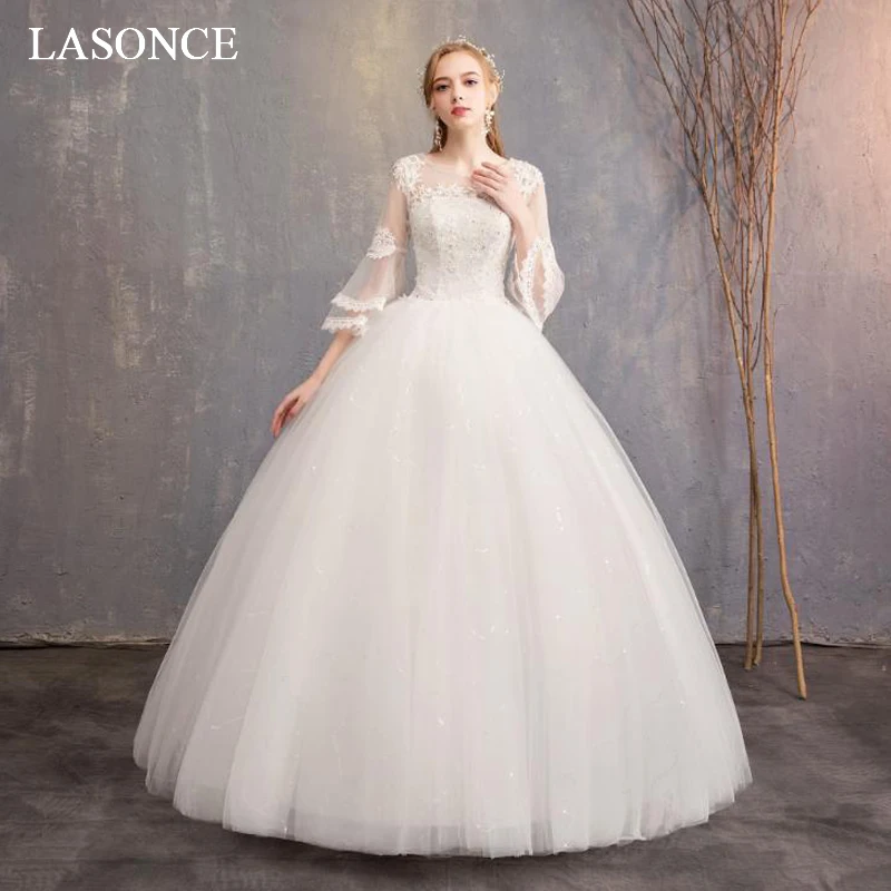 LASONCE Elegant Lace Appliques Ball Gown Wedding Dresses Illusion O Neck Flare Half Sleeve Backless Bridal Gowns
LASONCE Elegant Lace Appliques Ball Gown Wedding Dresses Illusion O Neck Flare Half Sleeve Backless Bridal Gowns