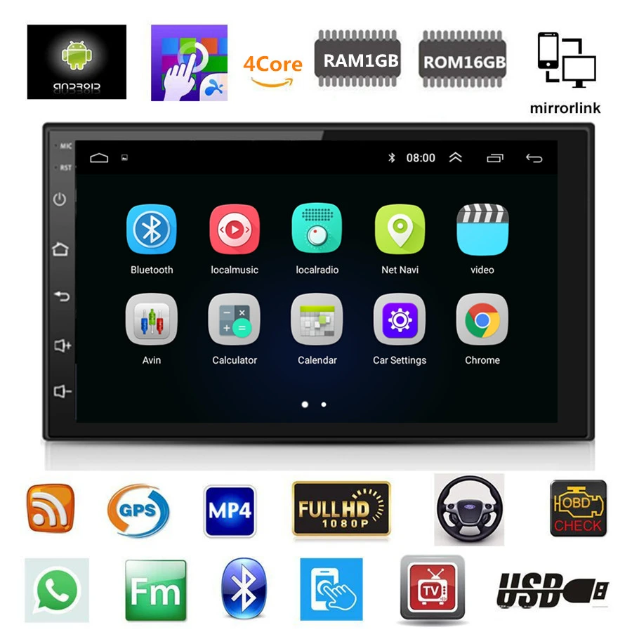 

Universal 2DIN Android 8.1 7" 1080P Touch Screen Quad-Core 1GB RAM 16GB ROM Car Stereo Radio GPS Wifi 3G 4G BT DAB Mirror Link
