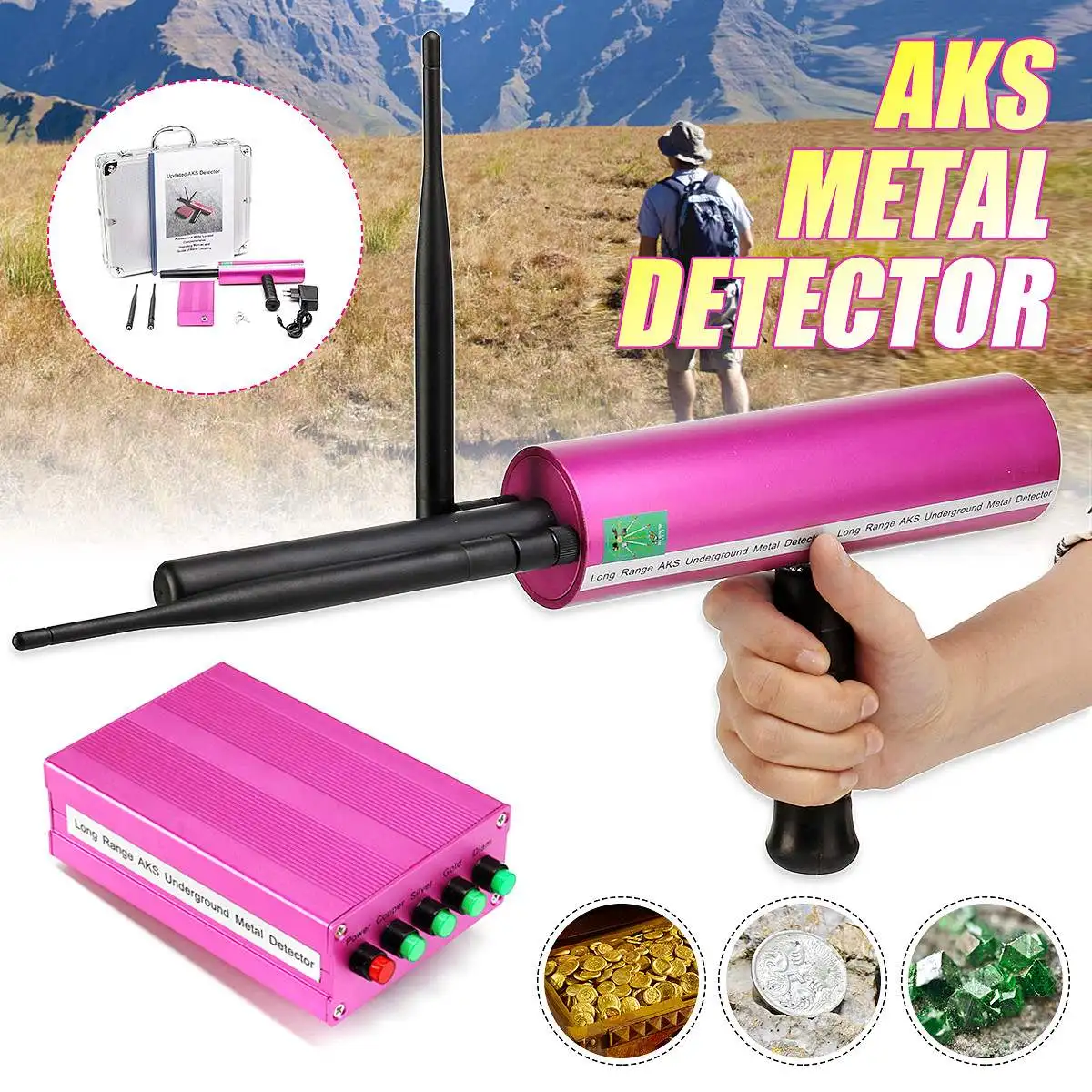 

Portable Handheld AKS Detective Handhold 3D Pro Metal/Gold Detector Treasure Hunting Underground Long Range Diamond Finder Pink