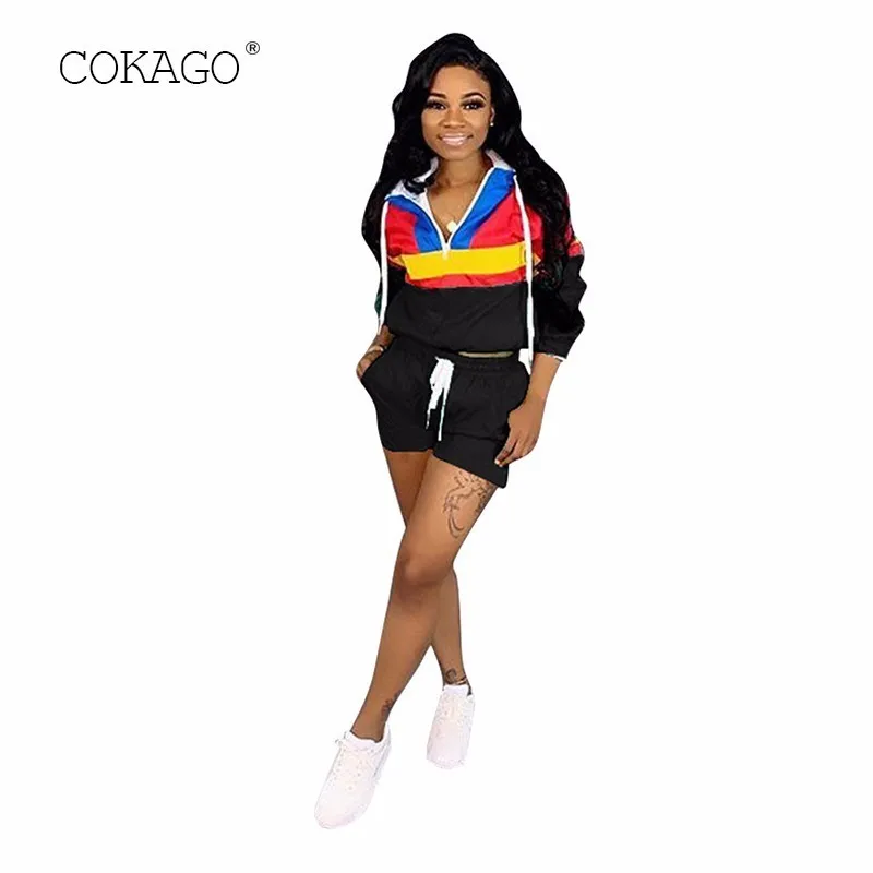 COKAGO Black Streetwear Sport Suit Women Pollover Long Sleeve Top+shorts Tracksuit Clothes 2019 S-XXXL Plus Size Outfit | Женская одежда